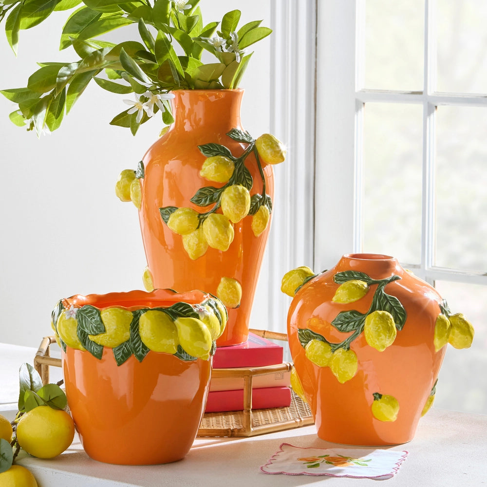 9.5" Orange Tall Vase with Lemons
