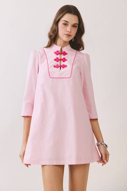 CD06666-Mandarin Collar Contrast Frog Button Detail Dress
