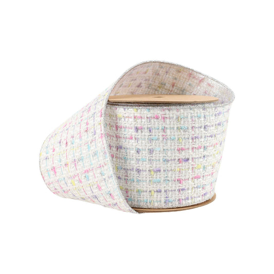 4" Wired Ribbon | Tweed White w/ Silver Backing | 10 Yard Roll