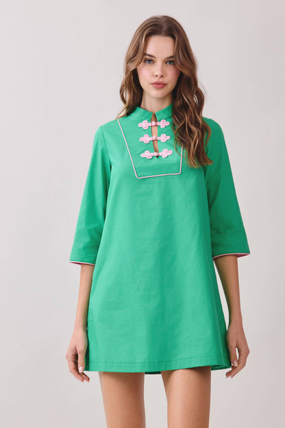 CD06666-Mandarin Collar Contrast Frog Button Detail Dress