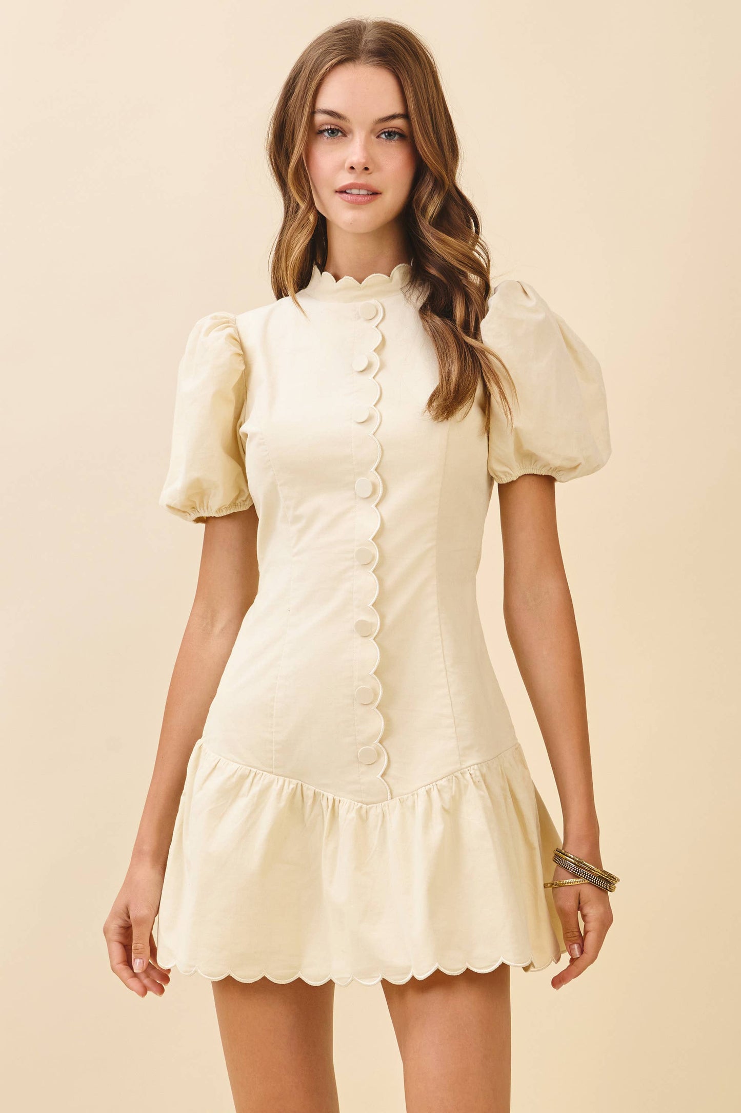 Scalloped Detail Fitted Bodice Ruffle Hem Dress