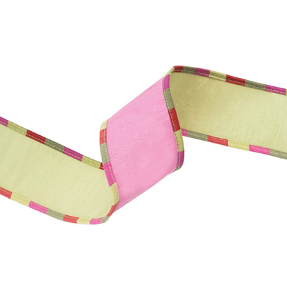 2 1/2" Wired Reversible Ribbon | Pink/Apple Green Dupion Apsen Check Piping | 10 Yard Roll