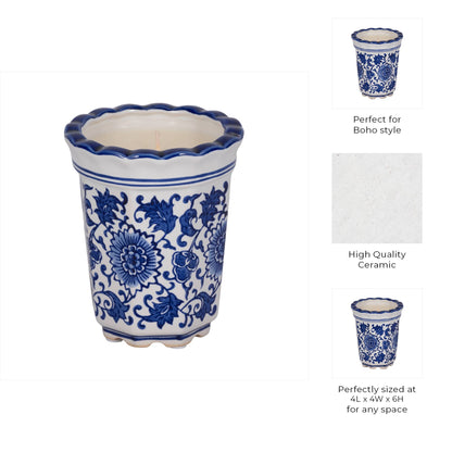 Candle - Blue/White Ceramic Fluted  Chinoiserie, 7 Oz