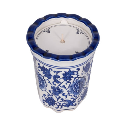 Candle - Blue/White Ceramic Fluted  Chinoiserie, 7 Oz