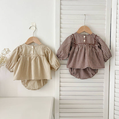 Gingham Baby Romper with Long Sleeve Puff Design