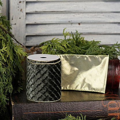57R1302- Velvet Wired Ribbon-4inx10YD-Olive Green Diamond/Go