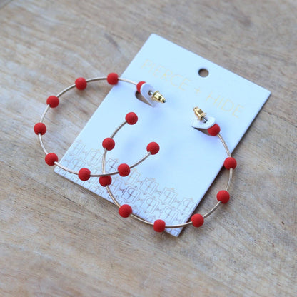Red & Gold Bead Hoop Earrings | Polymer Clay Bead Hoop