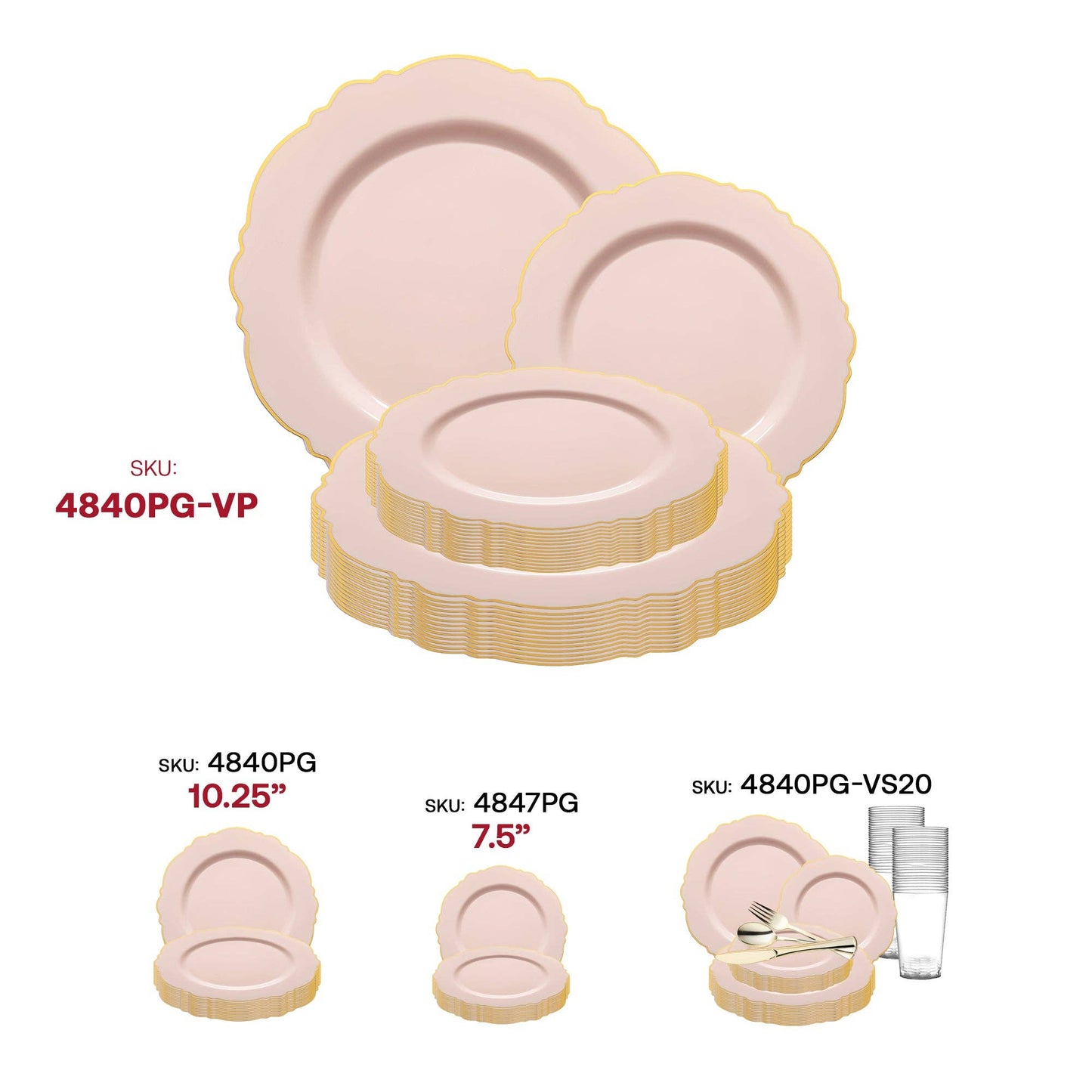 Pink with Gold Rim Plastic Dinnerware Value Set - 20 Sets
