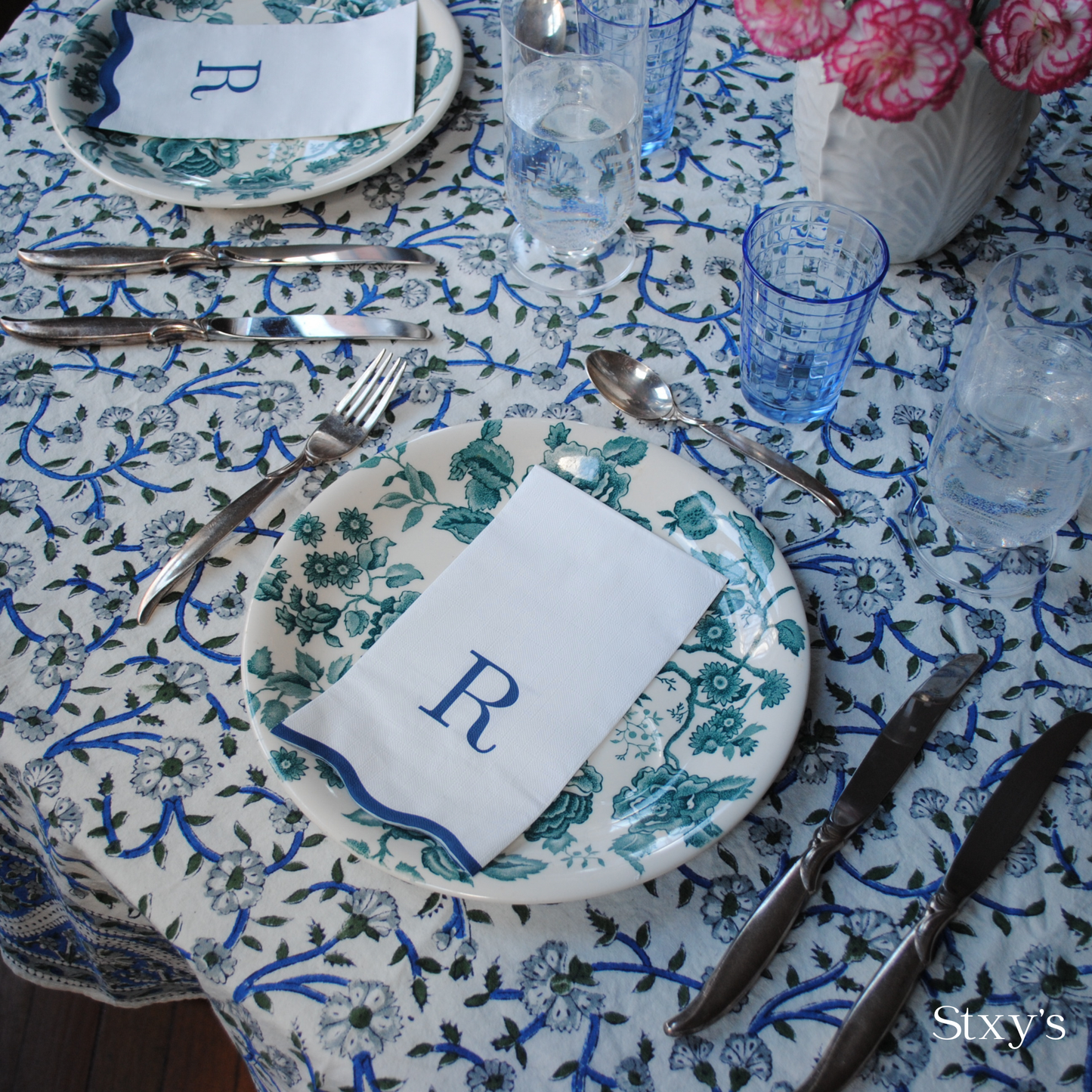 Letter “S” Initials Monogram Paper Napkins - Blue and White Scalloped