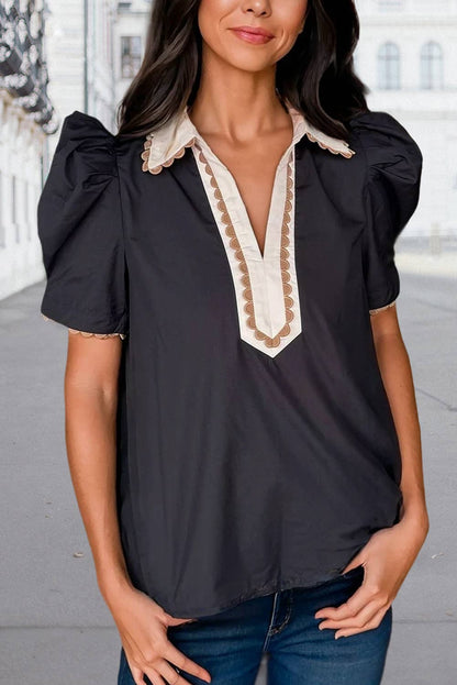 Colorblock Patchwork Collar Short Sleeve Blouse | S-XL