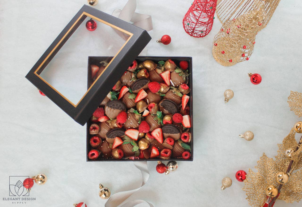 Square Gift Box with Clear Lid and Ribbon - Various Colors - For Luxury Flower/ Gift / Chocolate Strawberry Arrangements