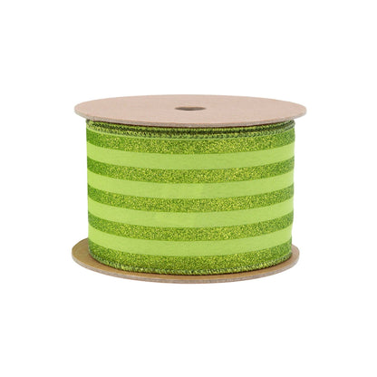 2 1/2" Wired Ribbon | Green Glittered Pinstripes on Light Green | 10 Yard Roll