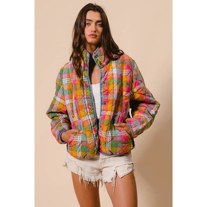 BLEACHED VINTAGE PLAID QUILTED JACKET WITH POCKETS