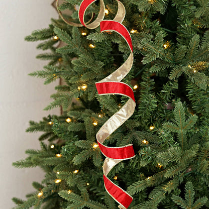 57R1220- Wired Velvet Ribbon-1inx10YD-Red/Gold Wire/Metalic