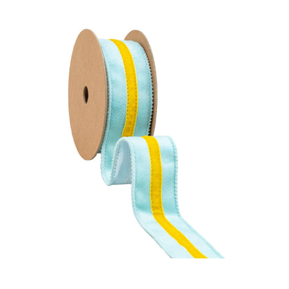 1 1/2" Wired Velvet Ribbon w/ Trim | Blue w/ Yelllow Trim | 10 Yard Roll
