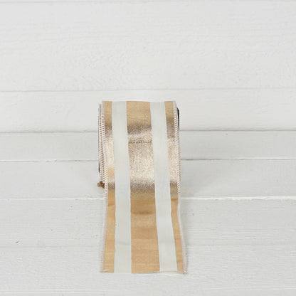R32957-Wired Ribbon-Fabric-Gold and Cream Strips (4inW)