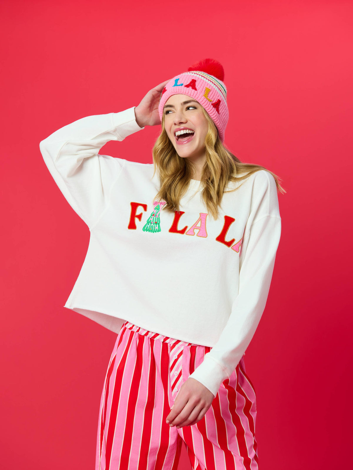 "FA LA LA" STRIPED BEANIE, PINK