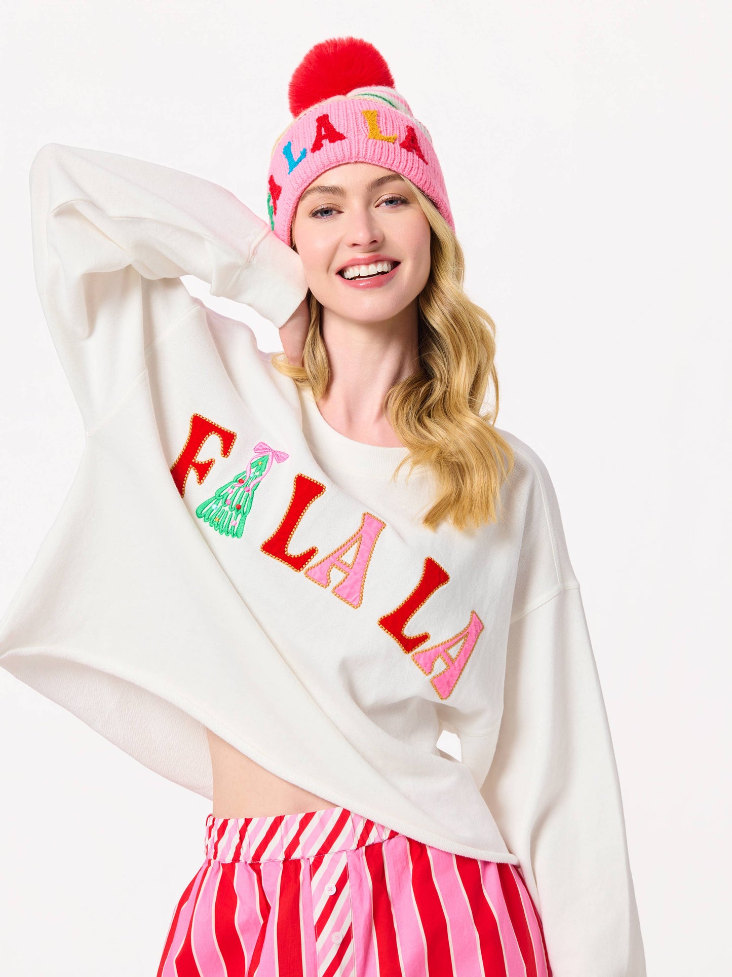 "FA LA LA" STRIPED BEANIE, PINK