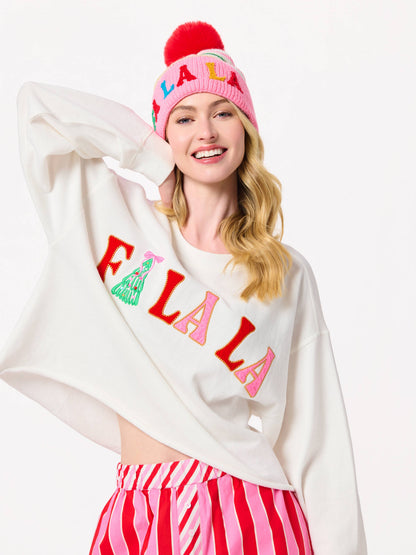 "FA LA LA" STRIPED BEANIE, PINK