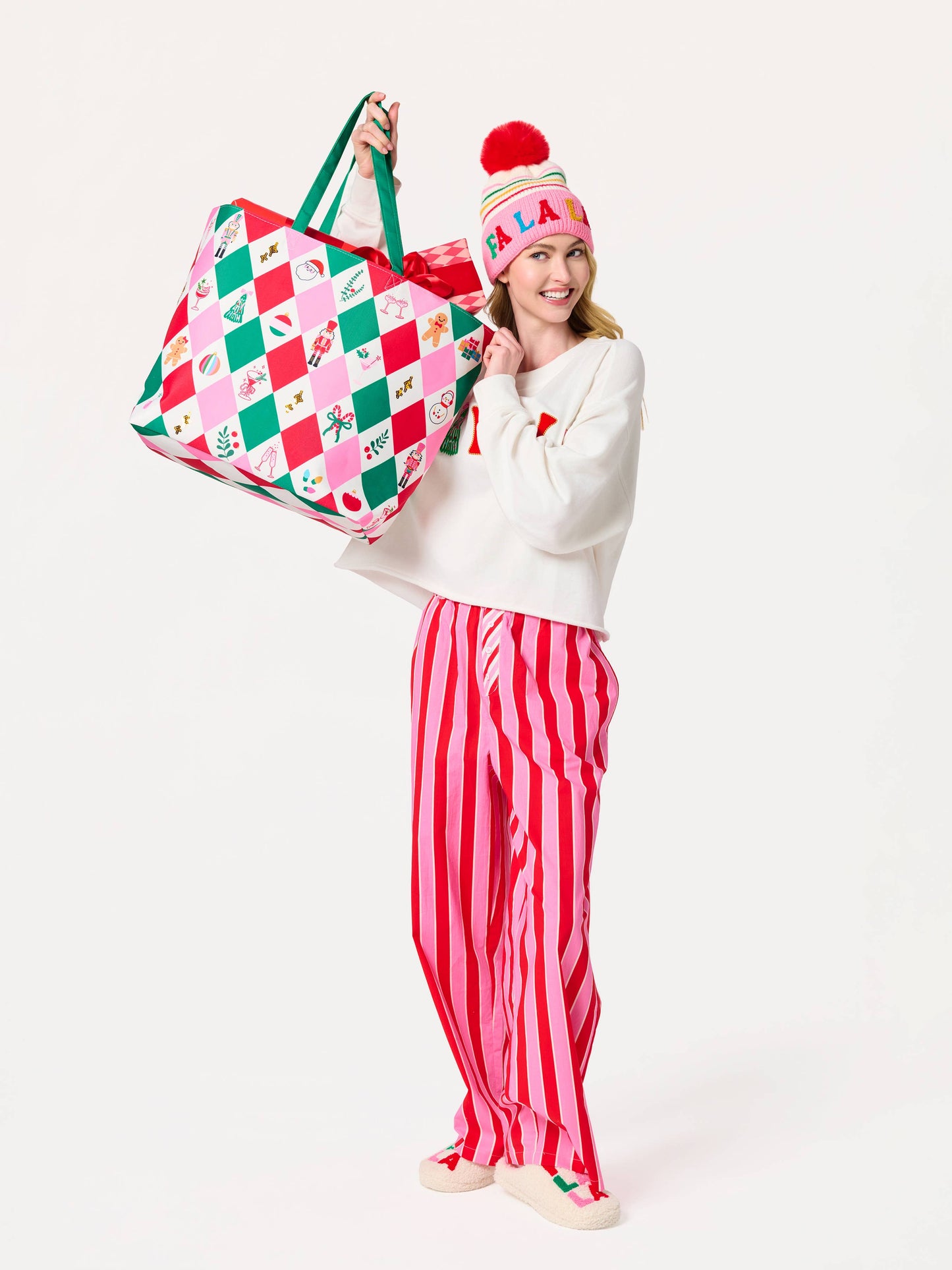 "FA LA LA" STRIPED BEANIE, PINK