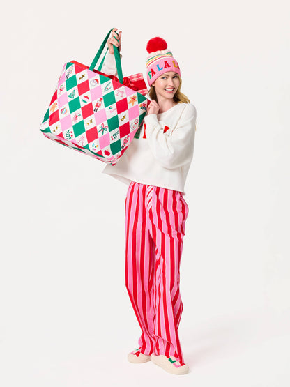 "FA LA LA" STRIPED BEANIE, PINK