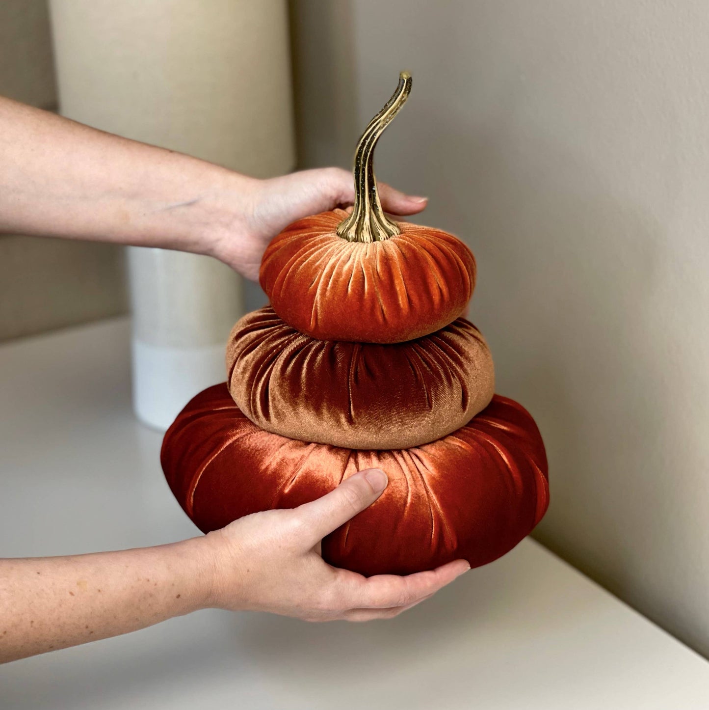 Velvet Pumpkin Stack, Thanksgiving centerpiece