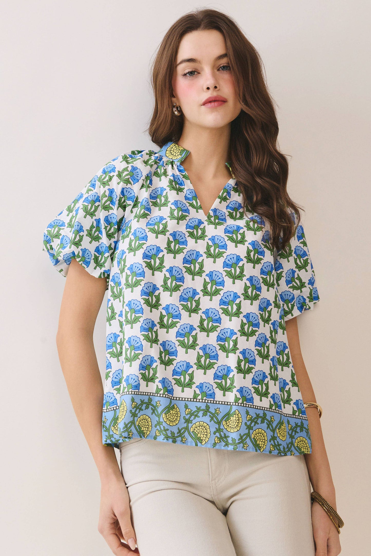 CT9806-Floral Print Bubble Sleeves Split Neckline top