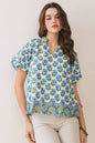 CT9806-Floral Print Bubble Sleeves Split Neckline top