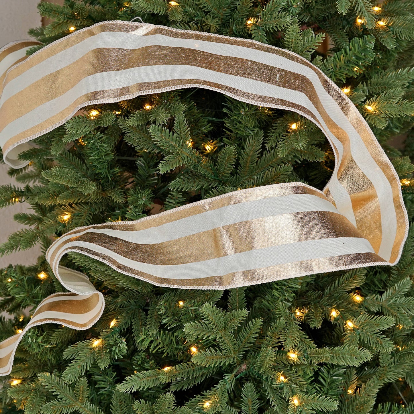 R32957-Wired Ribbon-Fabric-Gold and Cream Strips (4inW)
