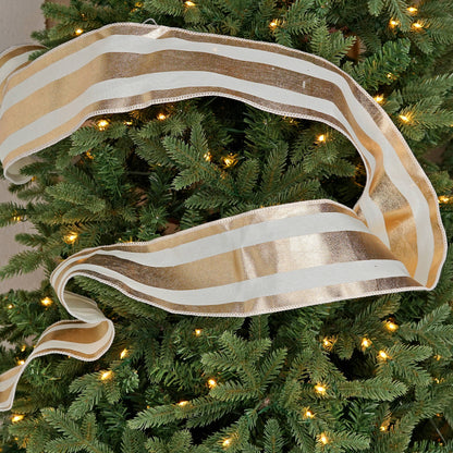 R32957-Wired Ribbon-Fabric-Gold and Cream Strips (4inW)