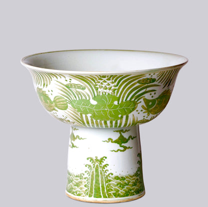 Green and White Porcelain Fish and Lotus Large Footed Bowl