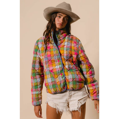 BLEACHED VINTAGE PLAID QUILTED JACKET WITH POCKETS