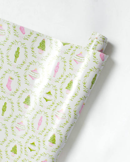 Nutcracker Trellis Paper Gift Wrap   White/Green/Pink   30x120