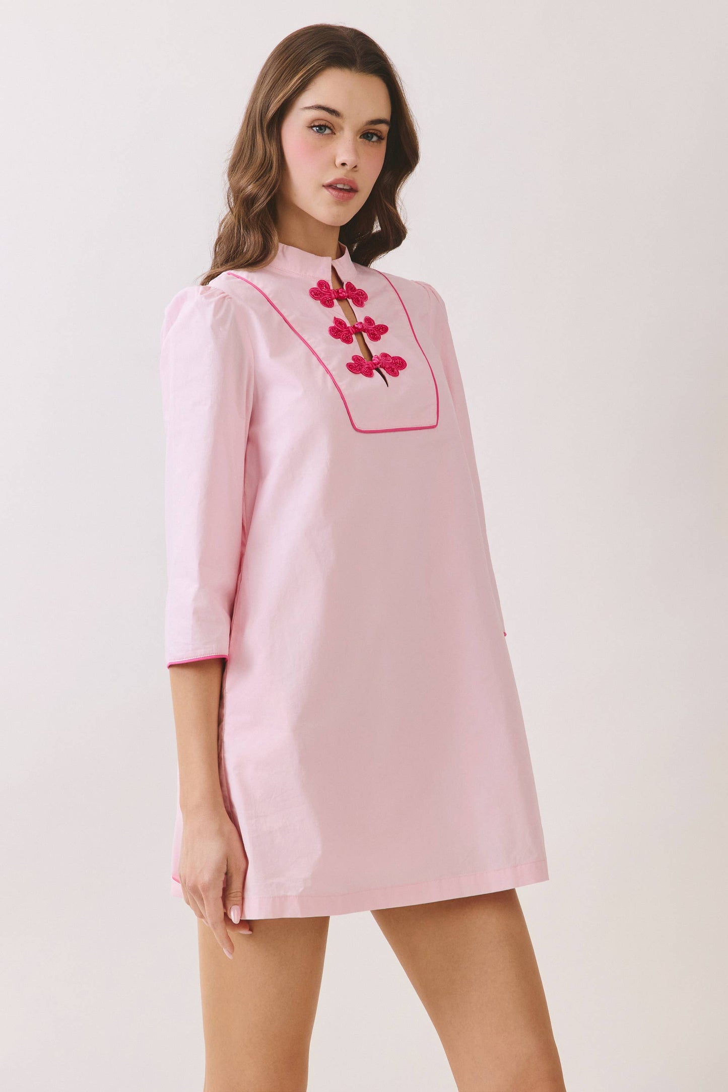 CD06666-Mandarin Collar Contrast Frog Button Detail Dress