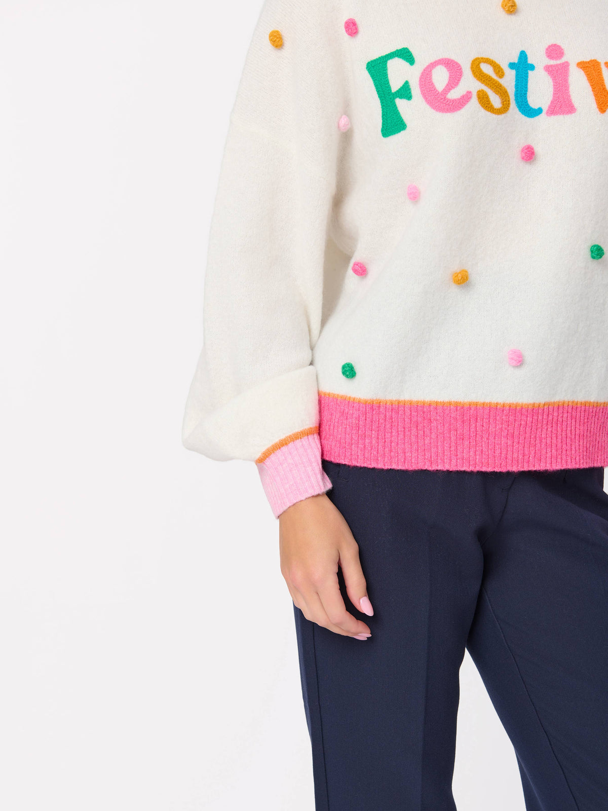 FESTIVE POM POM RELAXED SWEATERS, IVORY