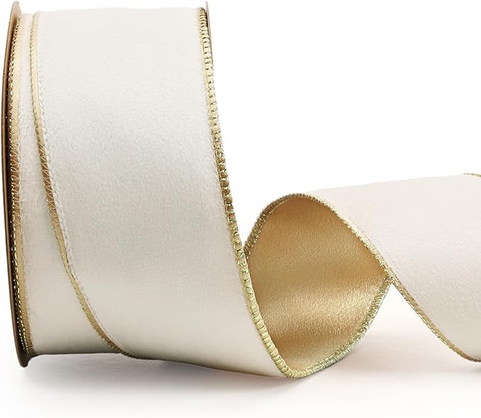 LaRibbons Velvet Wired Ribbon Ivory and Gold