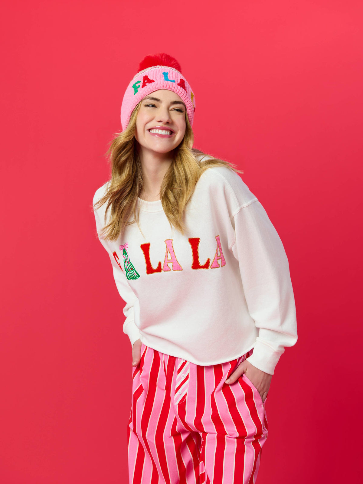 "FA LA LA" STRIPED BEANIE, PINK