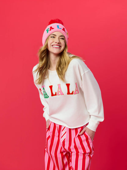 "FA LA LA" STRIPED BEANIE, PINK
