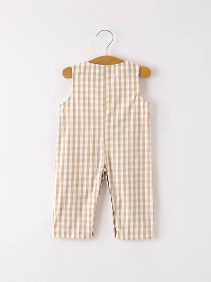 Fall Thanksgiving Apricot Plaid Chick Embroidery Smocking Baby Boys Romper