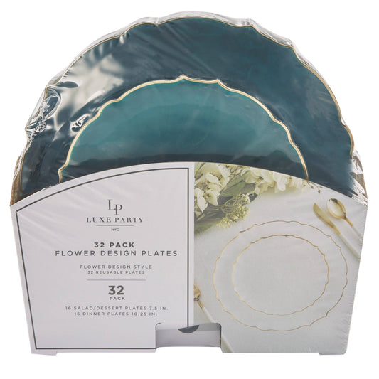 Teal Frosted Plate and Gold Plastic Plates Set | 32 Pack