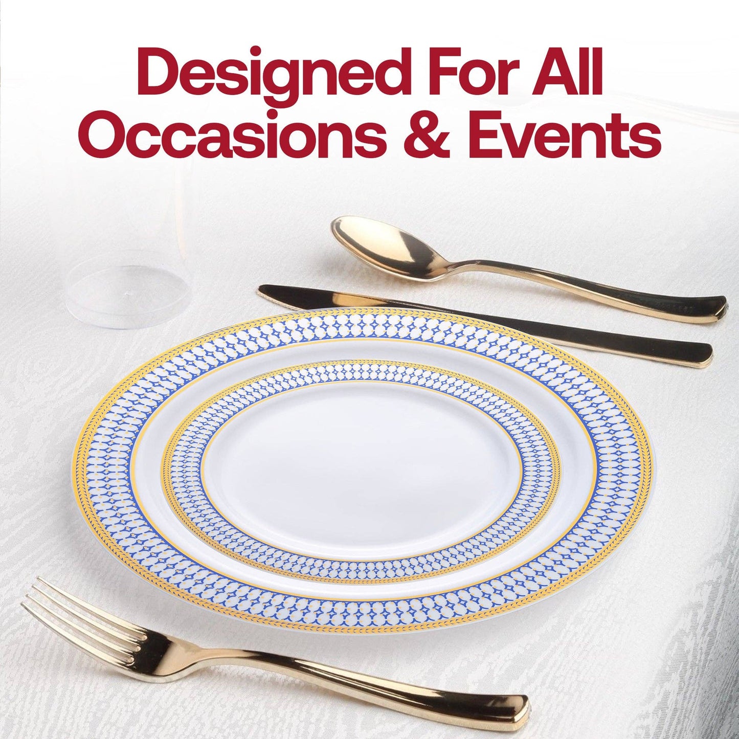 White Blue Gold Chord Rim Dinnerware Value Set - 20 Sets