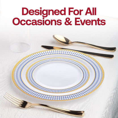 White Blue Gold Chord Rim Dinnerware Value Set - 20 Sets