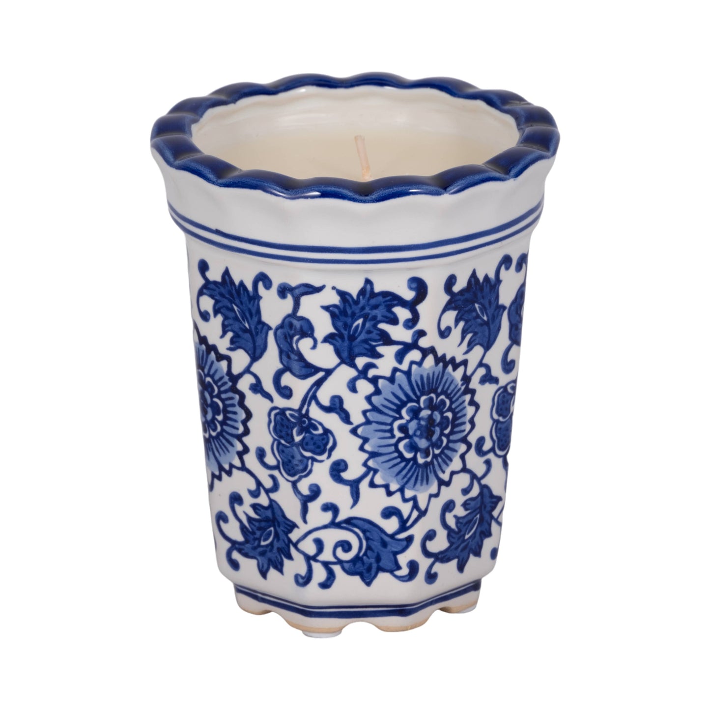 Candle - Blue/White Ceramic Fluted  Chinoiserie, 7 Oz