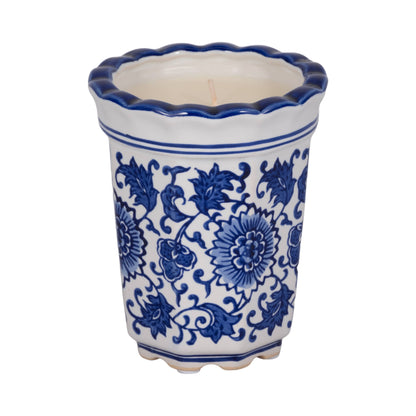 Candle - Blue/White Ceramic Fluted  Chinoiserie, 7 Oz