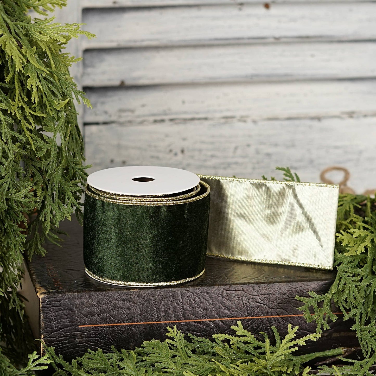 57R1266- Velvet Wired Ribbon-2.5inx10YD-Olive Green/Gold Wir