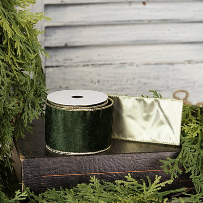57R1266- Velvet Wired Ribbon-2.5inx10YD-Olive Green/Gold Wir