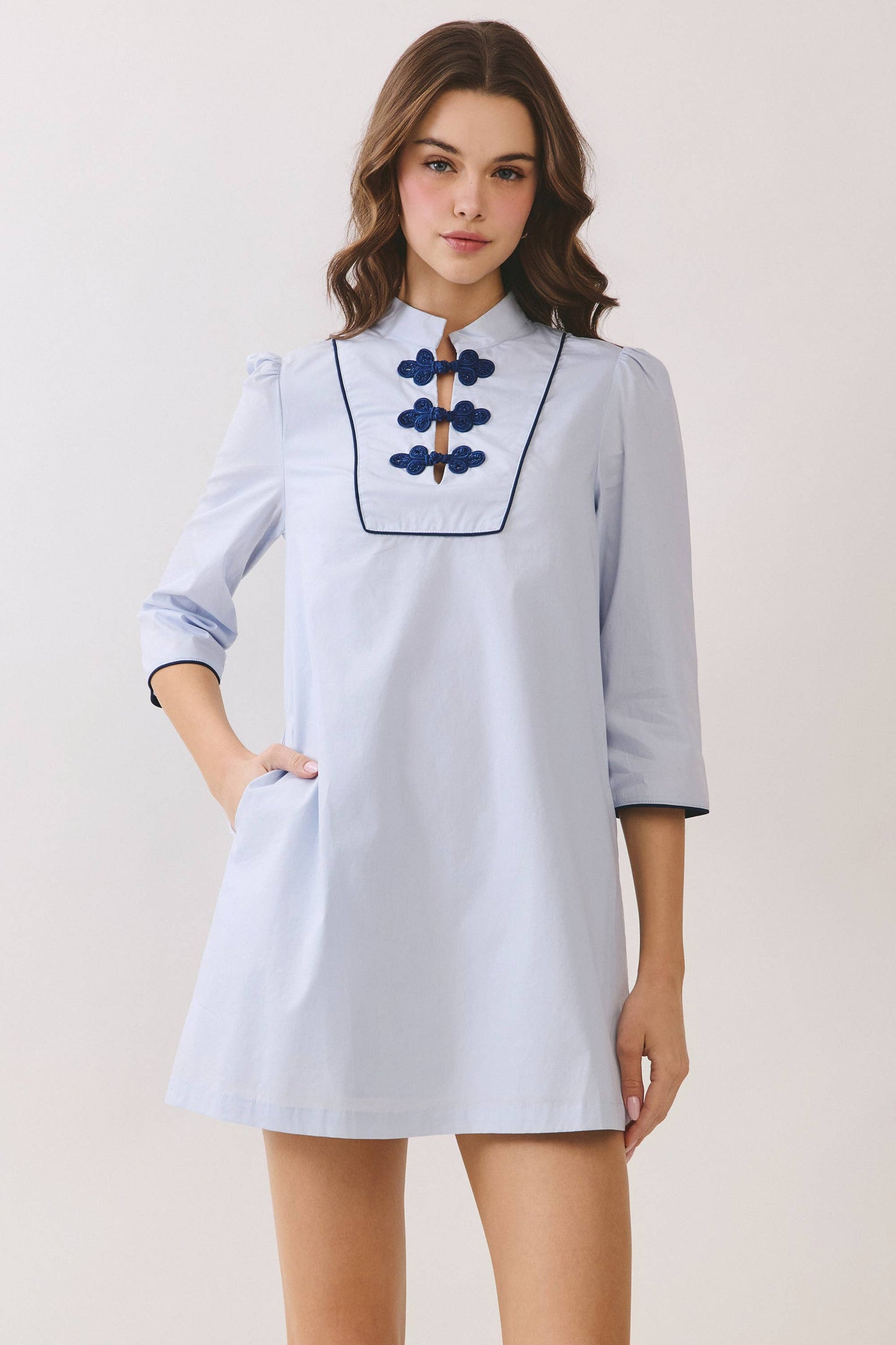 CD06666-Mandarin Collar Contrast Frog Button Detail Dress