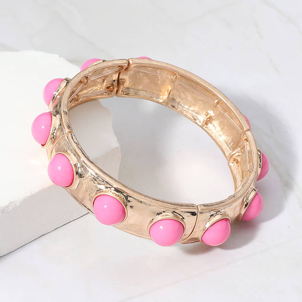 Bead Pearl Embellished Hammered Metal Stretch Bracelet