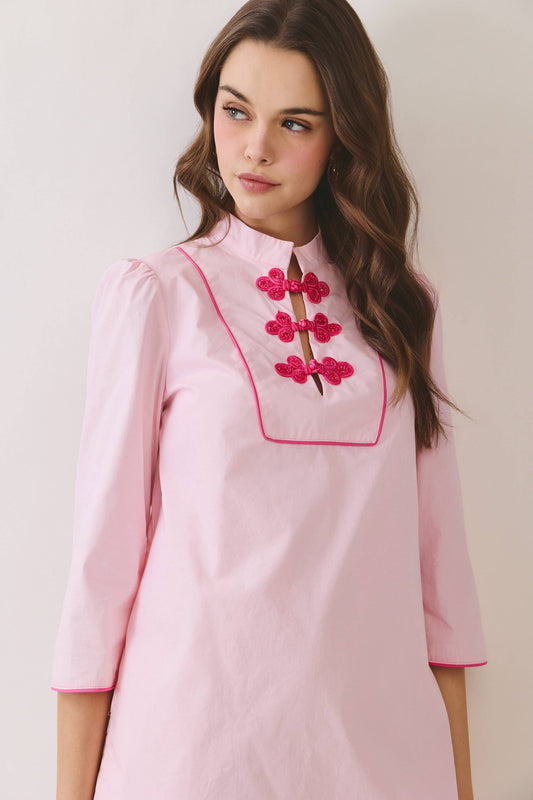 CD06666-Mandarin Collar Contrast Frog Button Detail Dress