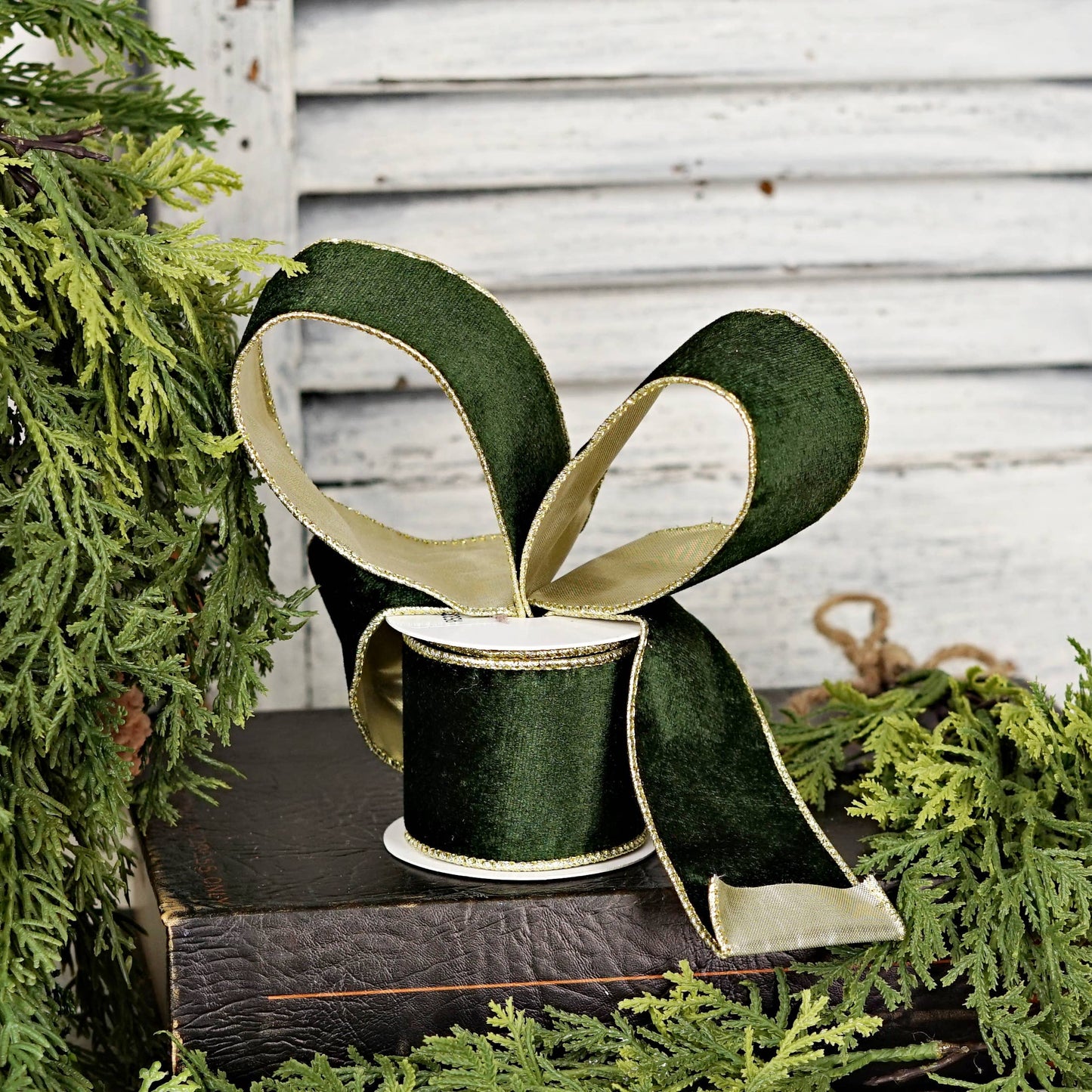 57R1266- Velvet Wired Ribbon-2.5inx10YD-Olive Green/Gold Wir